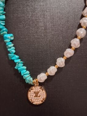 Faux Turquoise & Pearl Beaded Necklace with Gold Logo Charm